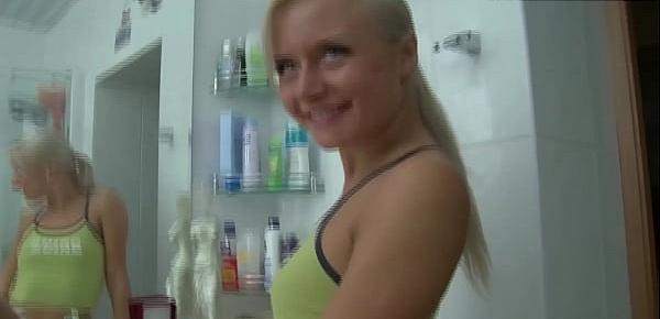  Blonde teen makes herself pretty and then gets fucked hard
